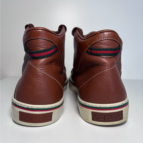 GUCCI Monogram Canvas Web GG Brown Leather High Top Men’s Sneaker Strap Size 12 - Picture 7 of 17